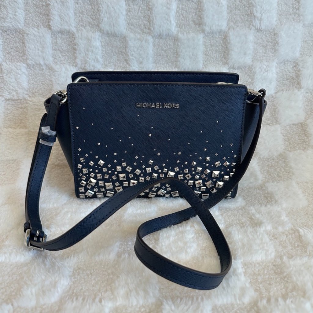 Nwt! Rare! Mk Michael Kors Selma Stud Medium Crossbody Leather In Navy/Silver